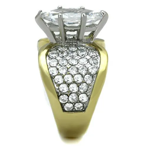 Two-Tone IP Gold (Ion Plating) Stainless Steel Ring with AAA Grade CZ in Clear for Women Style TK1548