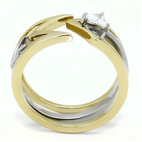 Two-Tone IP Gold (Ion Plating) Stainless Steel Ring with AAA Grade CZ in Clear for Women Style TK3183