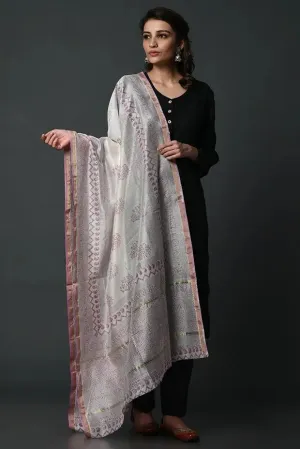 White-red Maheshwari silk dupatta