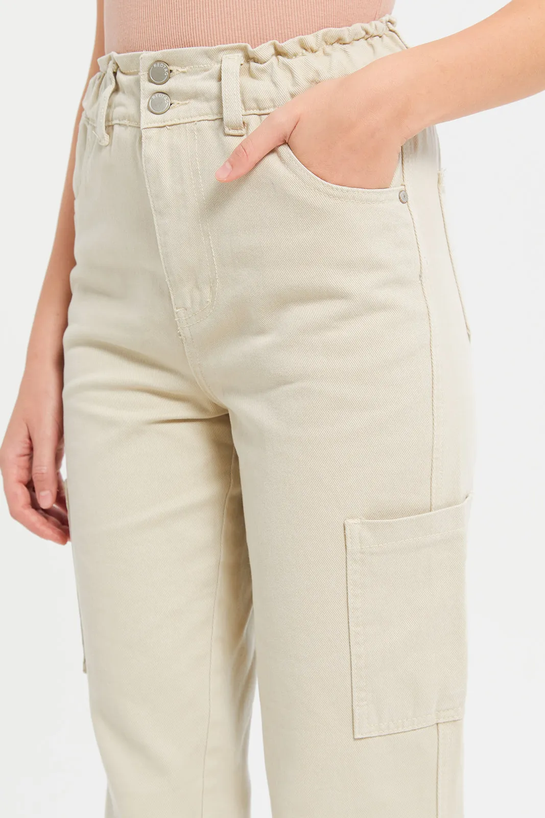 Women Beige Paper Bag Waist Jeans